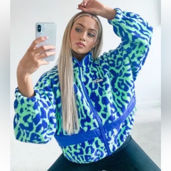 Nike Jackets & Blazers - Nike Sherpa Animal Print Jacket Size Small Blue Green Oversized